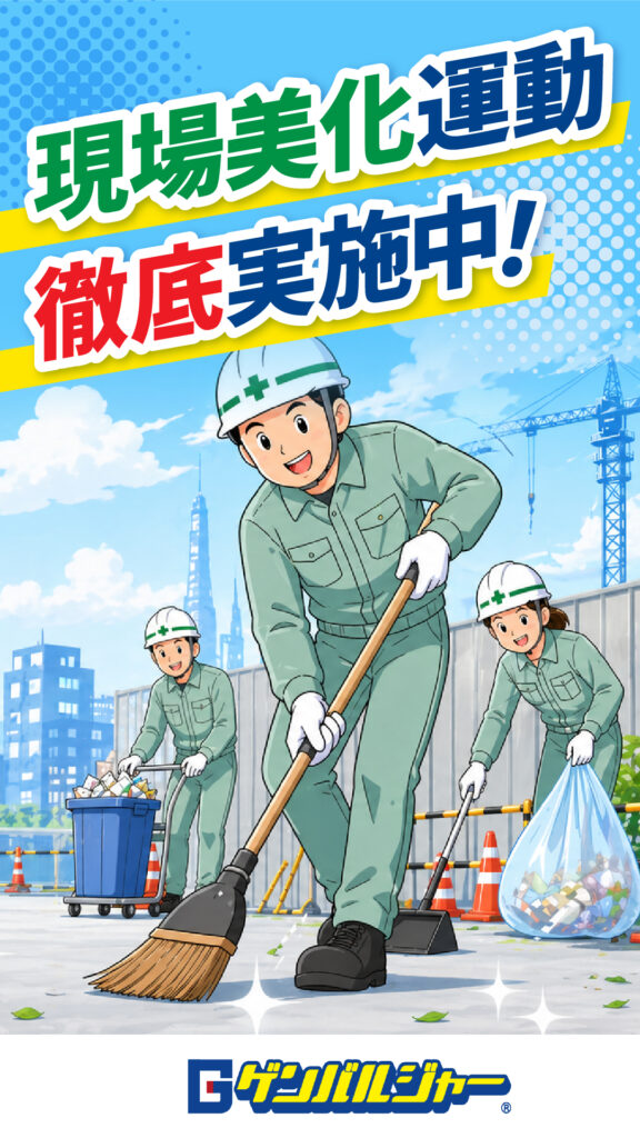 Banner text reads '現場美化運動 徹底実施中!' as workers tidy a construction site with brooms and bags in a sunny urban setting