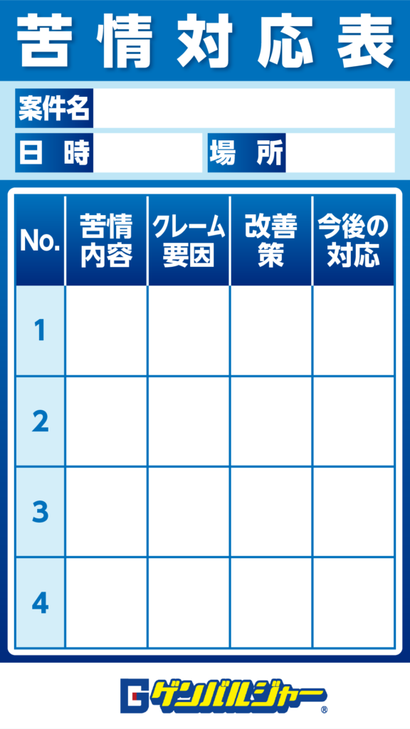 Japanese complaint response chart form with a large title 苦情対応表; fields for 案件名, 日時, 場所; a table header with No., 苦情内容, クレーム要因, 改善策, 今後の対応 and rows numbered 1–4.