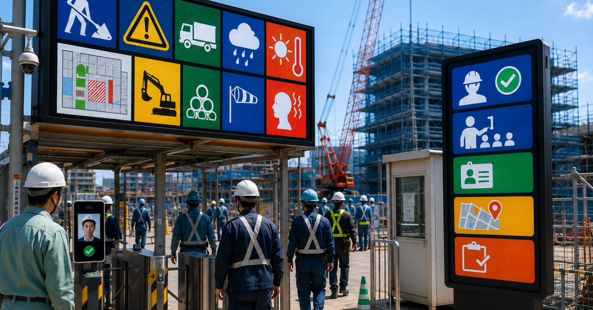 Construction site with workers in hard hats near a color‑blocked safety sign and a digital information board.