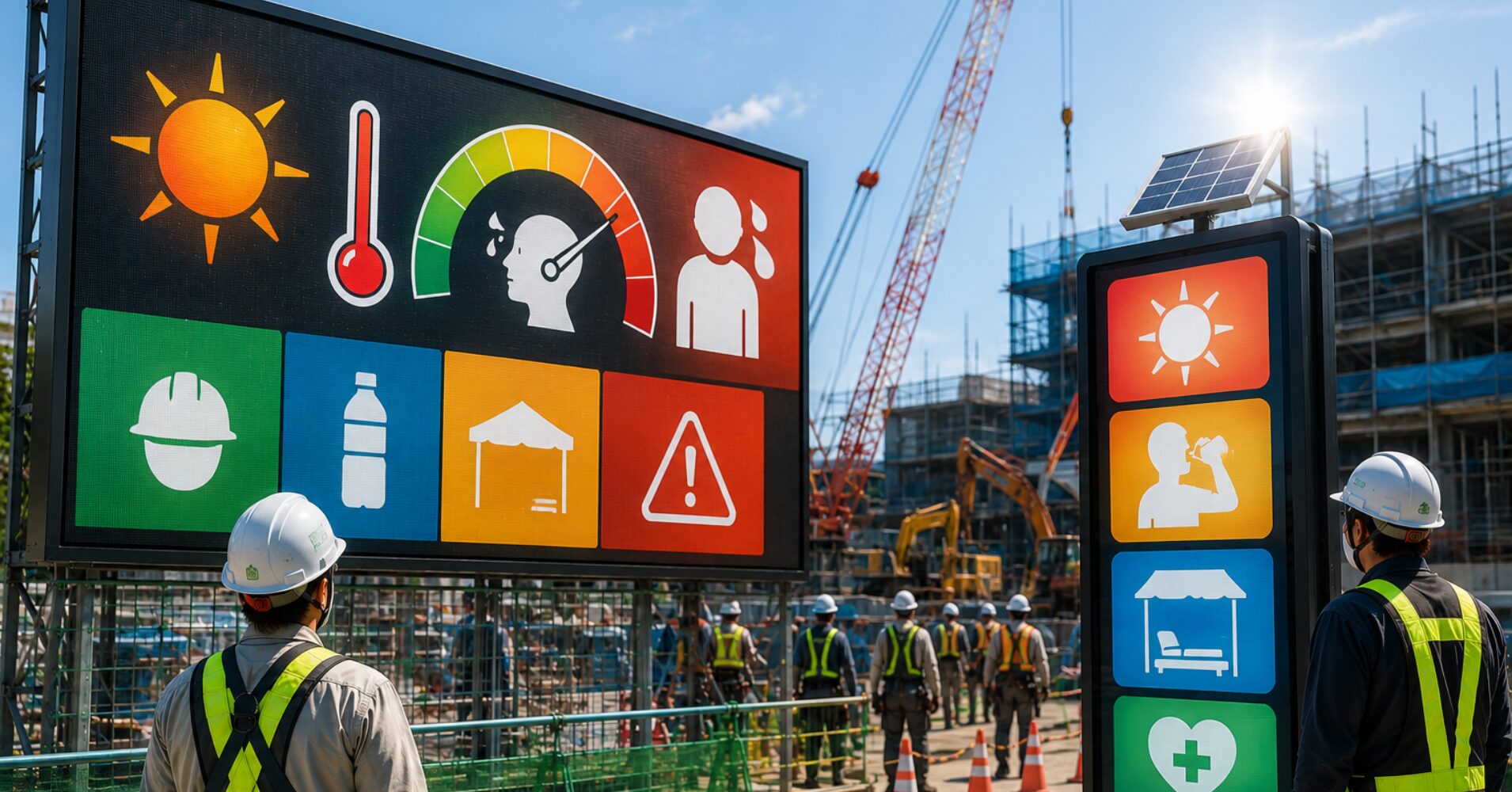 Large outdoor construction site with colorful safety-sign panels showing hazards and PPE icons; workers in hard hats and reflective vests in background.