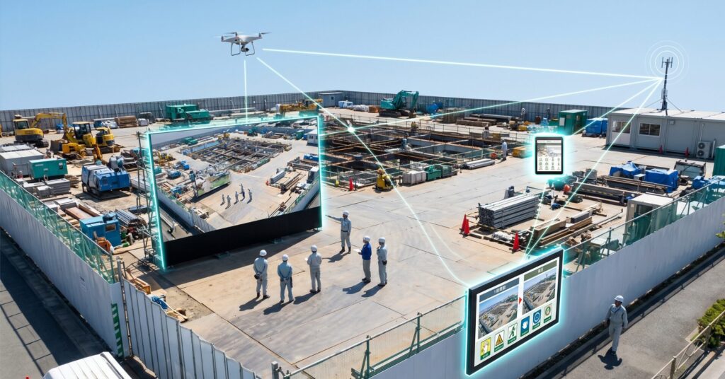 Construction site aerial view showing smart-site tech: drone, tablet, and large screen linked by glowing data lines for monitoring the project workers and equipment.