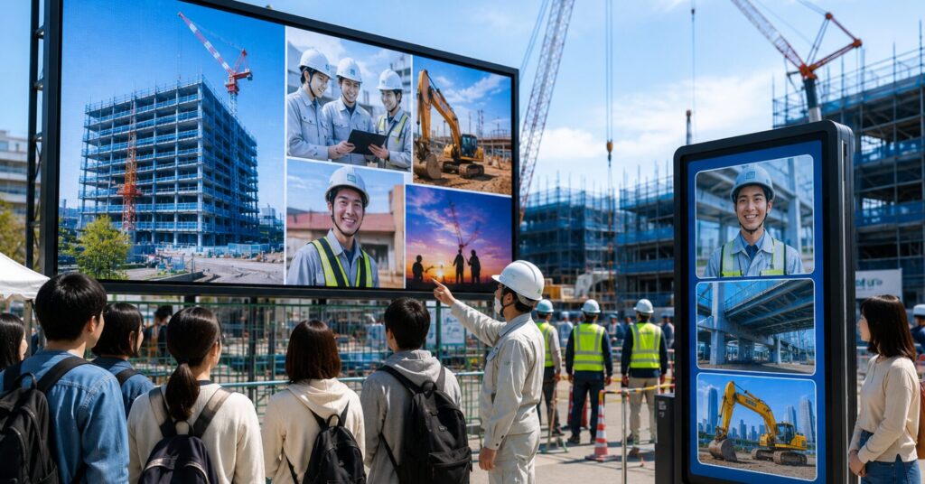 Group of visitors wearing helmets and safety vests watching a construction-site briefing on a large display board showing various project images.