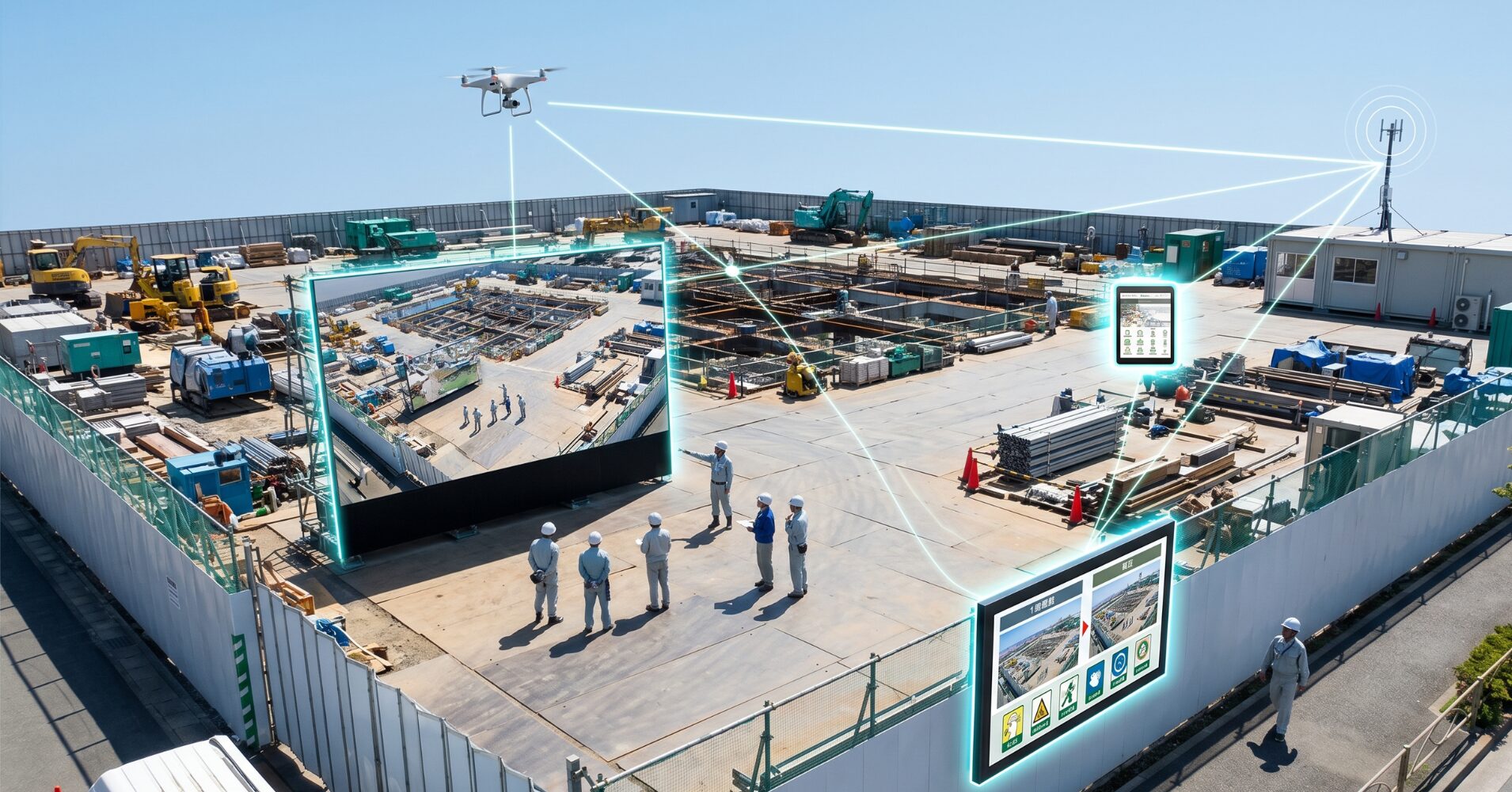 Construction site aerial view showing smart-site tech: drone, tablet, and large screen linked by glowing data lines for monitoring the project workers and equipment.