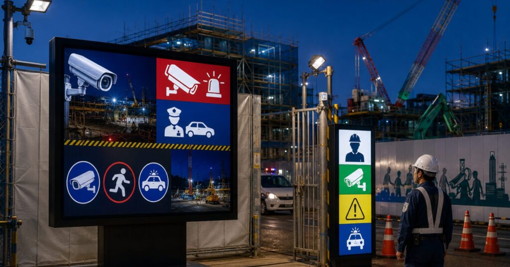 Construction site at night with safety signs, camera display, and a worker in a hard hat observing the area by bright screens and cranes in the background.