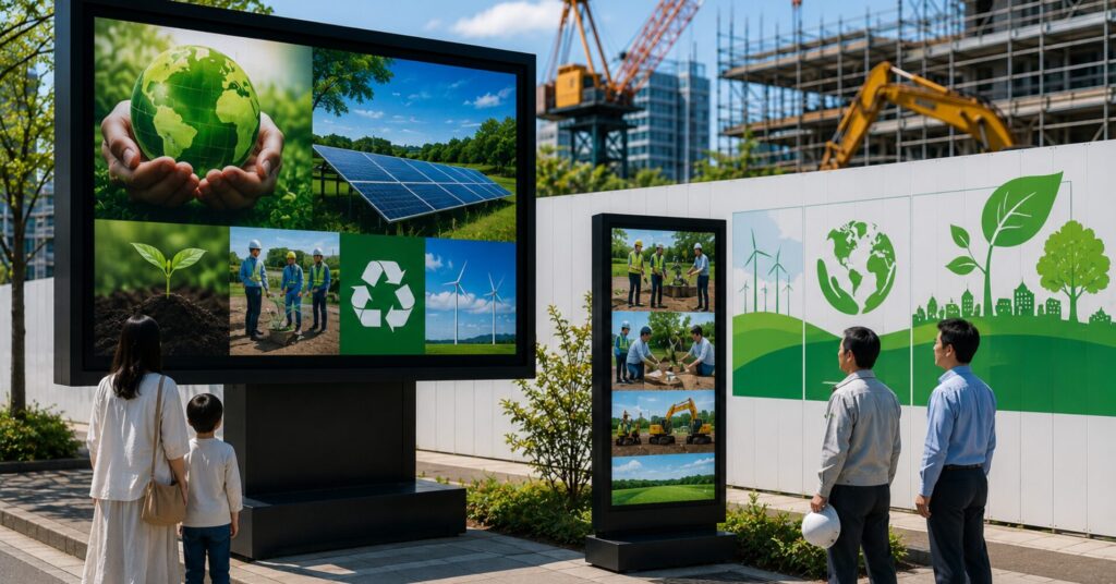 Two adults and a child read a large outdoor display about sustainability showing Earth held in hands, solar panels, seedlings, and wind turbines near a construction site.