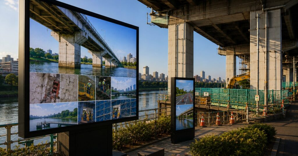 Outdoor construction-site display panels by a river, showing photos of bridge work and city skyline in the background.