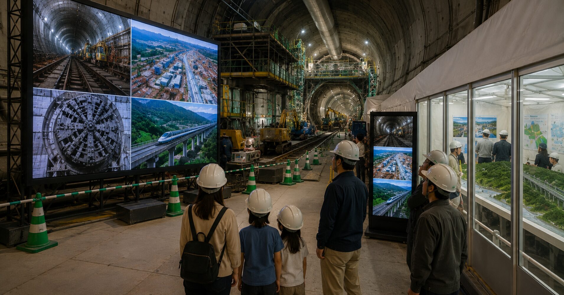 Group of visitors wearing hard hats viewing large display panels with railway images inside a tunnel under construction.