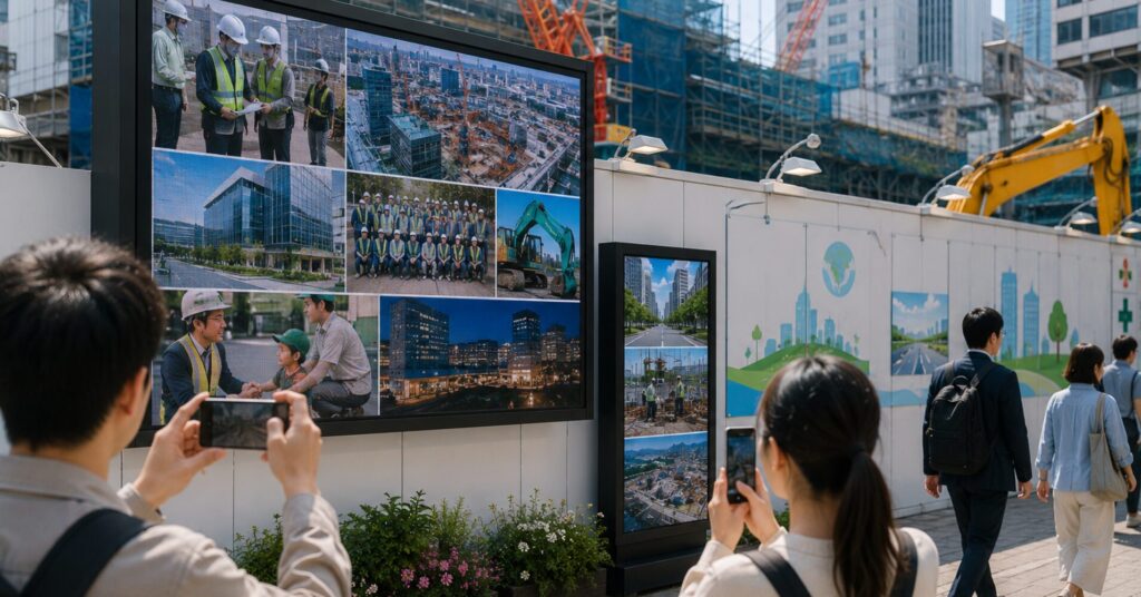 People taking photos of a large construction-site photo collage displayed on an outdoor wall, with workers and buildings in the pictures.
