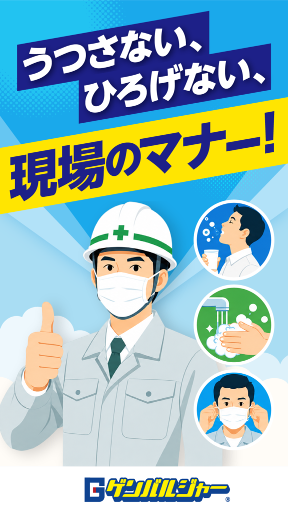Construction worker in a mask giving a thumbs up with circular icons for coughing etiquette and hand washing, on a bold blue/yellow safety poster.