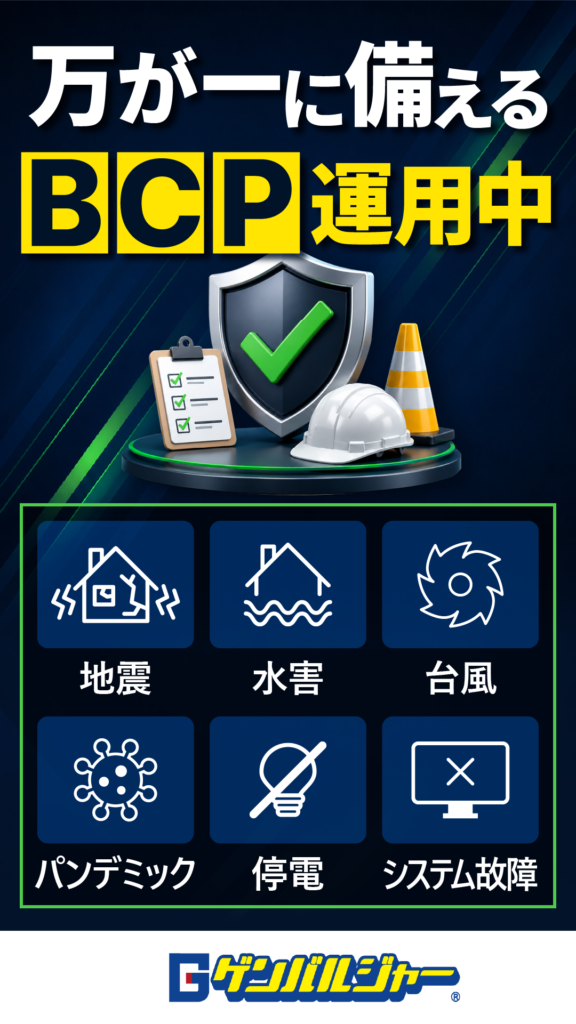 BCP運用中を示す案内バナー。シールドとチェックリスト、工事用ヘルメットなどの防災アイコンが配置され、地震・水害・台風のカテゴリが並ぶ画面。