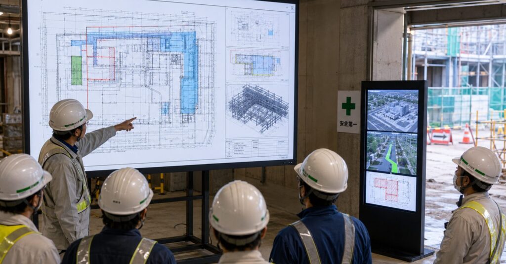 Construction team in hard hats reviews large architectural blueprints on a wall-mounted screen at a construction site.