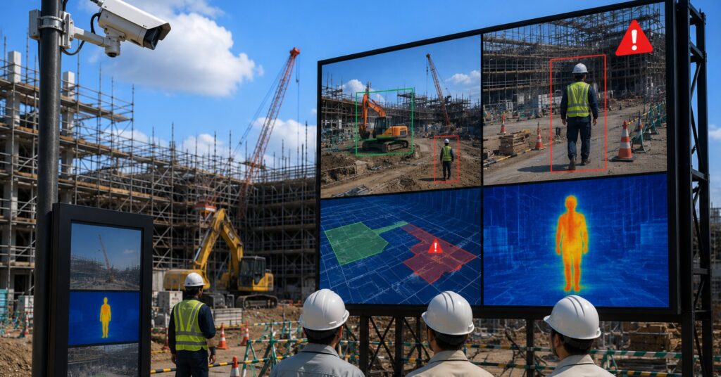 Construction site with safety screens showing workers in high-visibility vests and helmets; large display panels highlight hazards and procedures.