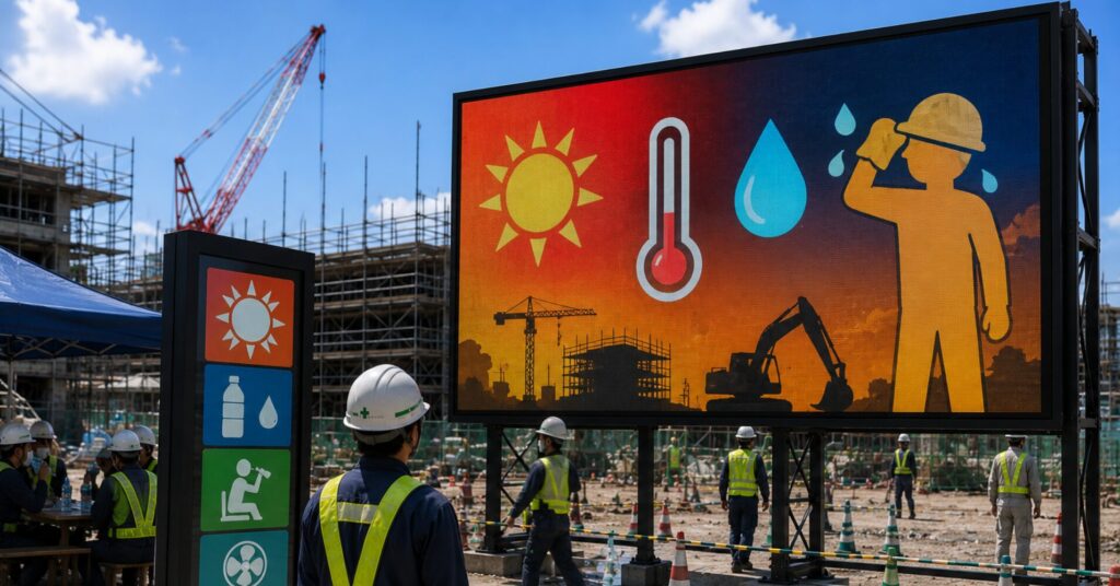 Large outdoor safety sign at a construction site showing heat, hydration, and personal protective equipment icons with workers in hi-vis vests and helmets nearby.