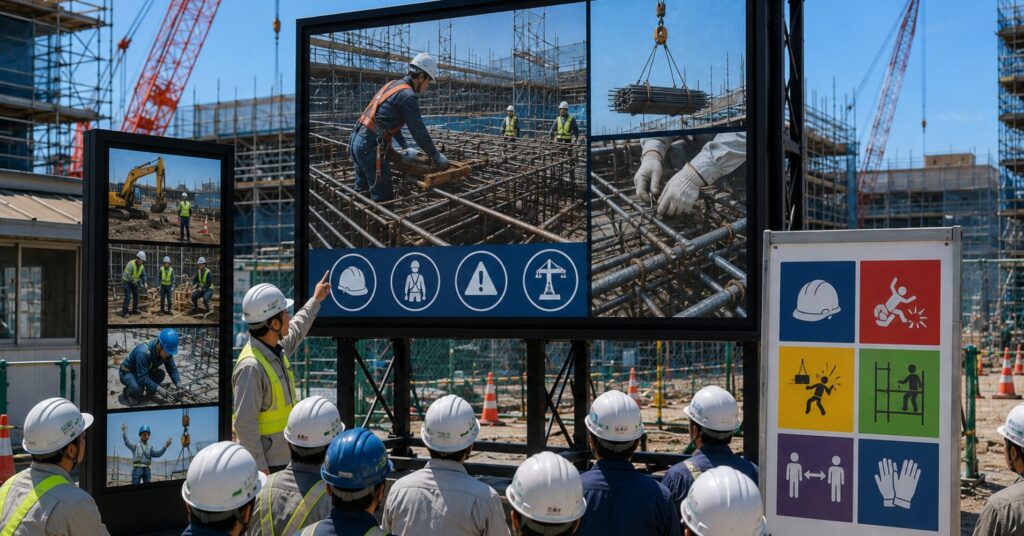 Construction workers in hard hats and reflective vests view a large safety information display at a building site.