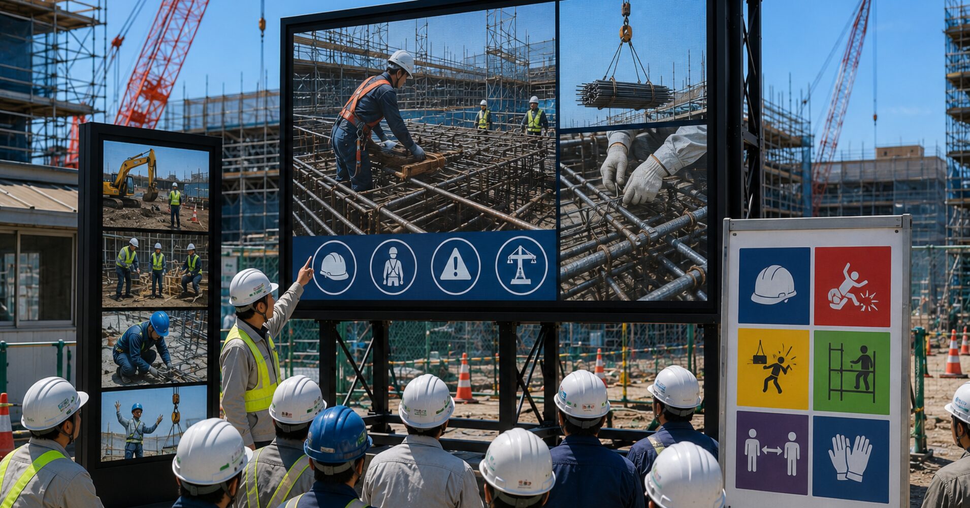 Construction workers in hard hats and reflective vests view a large safety information display at a building site.